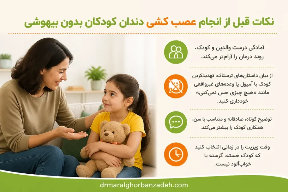 نکات قبل از انجام عصب کشی دندان کودکان بدون بیهوشی — آمادگی کودک و والدین پیش از عصبکشی دندان کودکان بدون بیهوشی عمومی