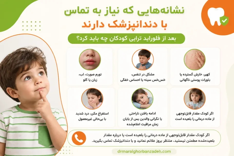 نشانههایی که نیاز به تماس با دندانپزشک دارند — علائم هشدار بعد از فلورایدتراپی کودکان که نیاز به تماس با پزشک دارند