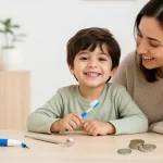 کودک و والد کنار ابزار مراقبت دندان و هزینه